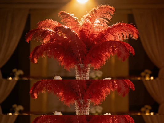 Large red ostrich feather centerpiece, bold table decor for weddings, corporate events and themed parties