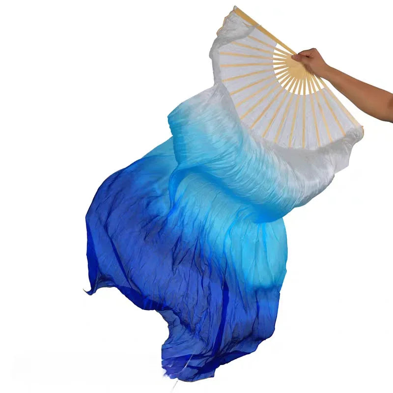 Light blue and white gradient silk veil fan, delicate handheld fan for weddings, photoshoots, performances and special occasions