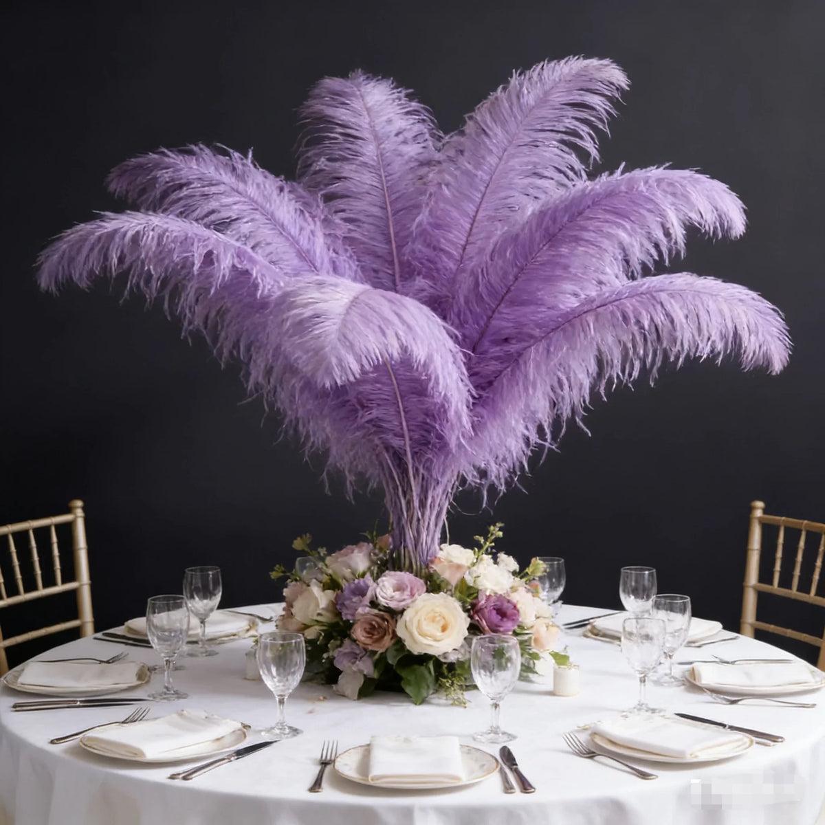 Light purple ostrich feather centerpiece, soft table decor for weddings, lavender-themed events and elegant parties
