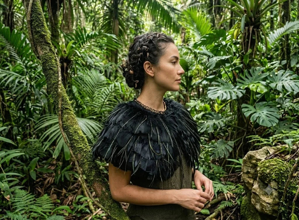 A close-up of a model posing in nature wearing a premium, layered black feather capelet wrap.