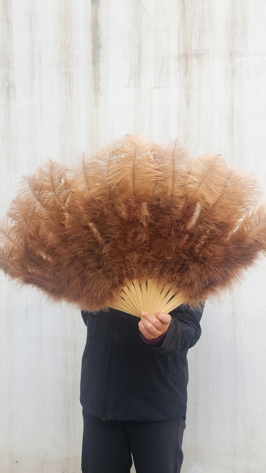 medium brown ostrich feather fan, showing texture and feather details for listings