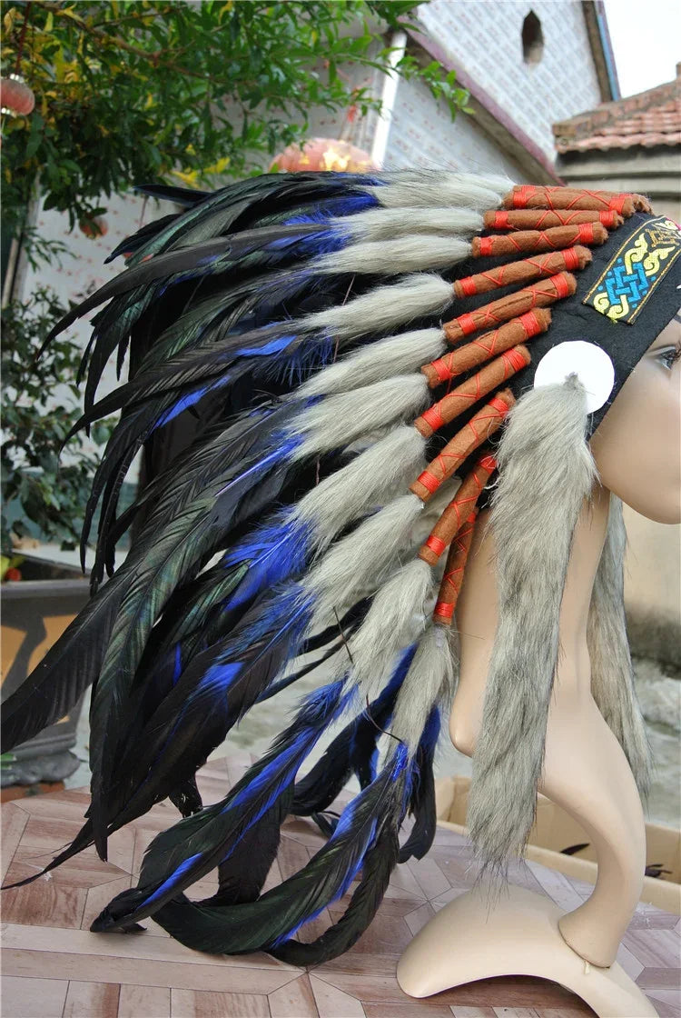Blue & Orange Multi-Color Feather Headdress - Native American Inspired Warbonnet for Halloween & Carnival