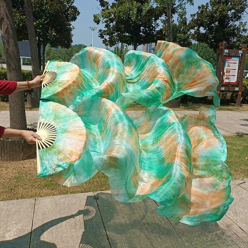 Multi-tone green gradient silk veil fan, pastel handheld fan for weddings, photoshoots, performances and romantic events