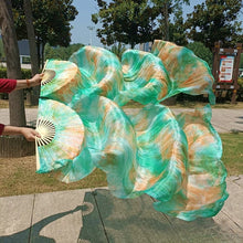 Load image into Gallery viewer, Multi-tone green gradient silk veil fan, pastel handheld fan for weddings, photoshoots, performances and romantic events
