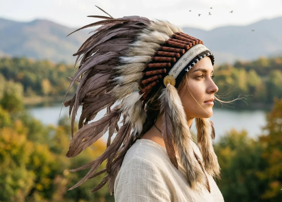 Handcrafted natural brown feather headdress, bohemian warrior style headpiece for festivals and photoshoots.