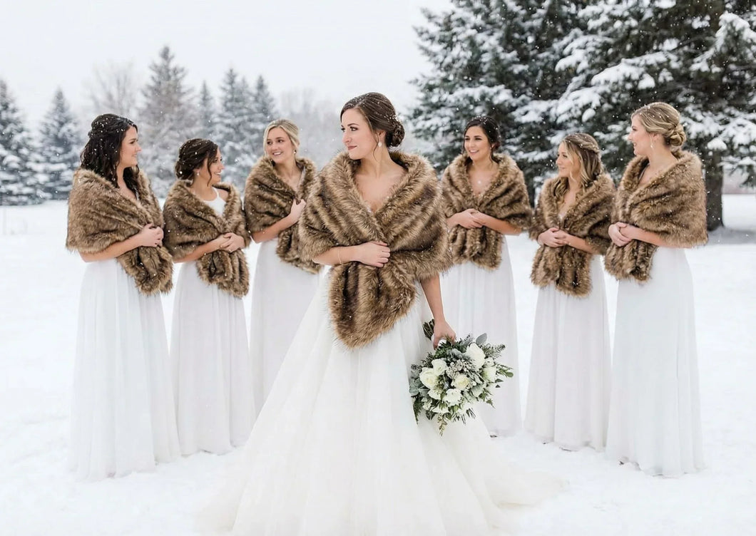Brown Women's Luxury Faux Fur Wrap Stole for Bridal Wedding Party