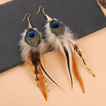 Load image into Gallery viewer, Close-up of natural brown and green feather dangle earrings
