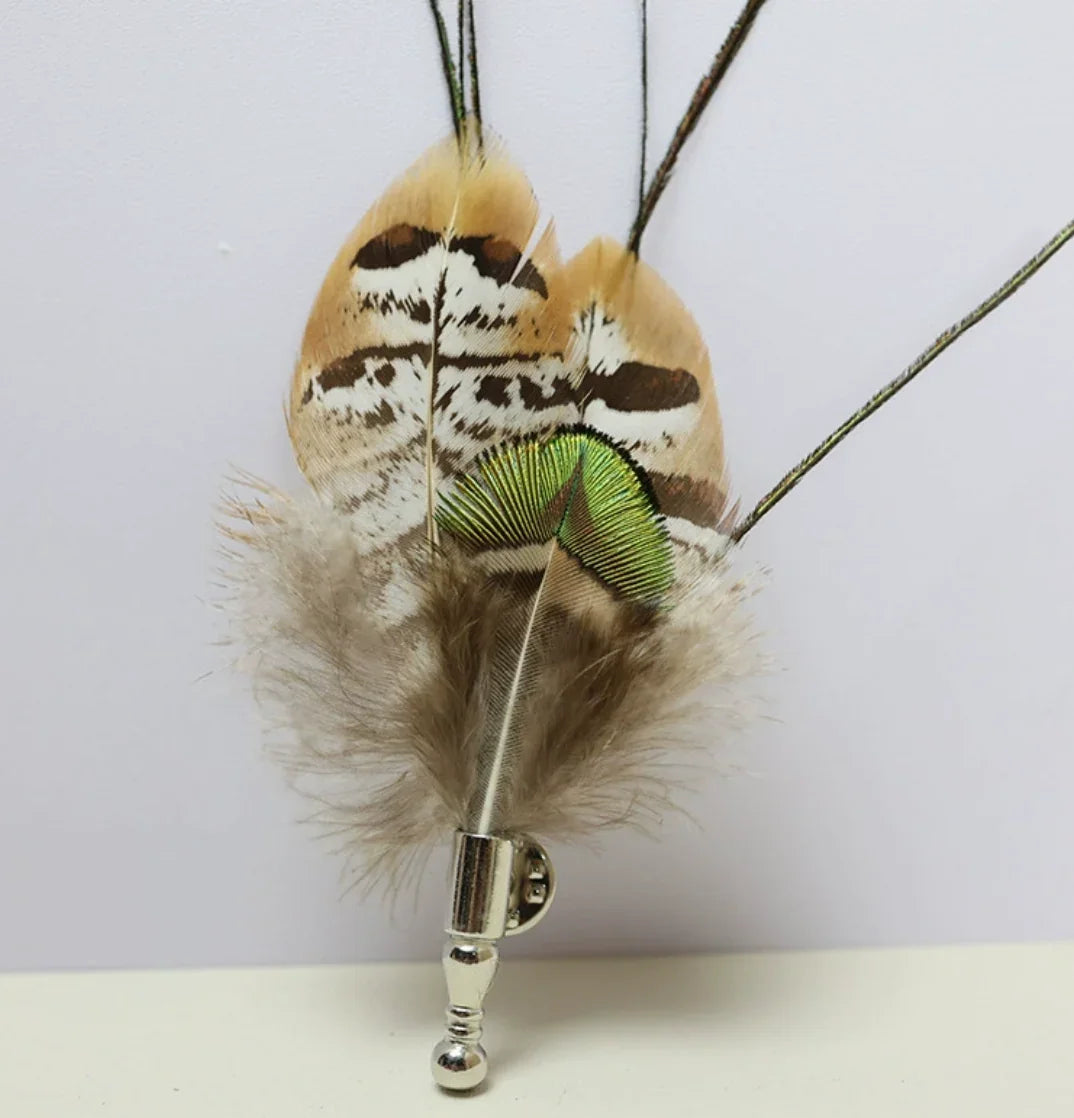 Natural feather boutonniere, rustic wedding lapel pin for grooms and groomsmen