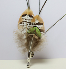 Load image into Gallery viewer, Natural pheasant feather boutonniere, rustic feather lapel pin for wedding, boho events, and formal wear.
