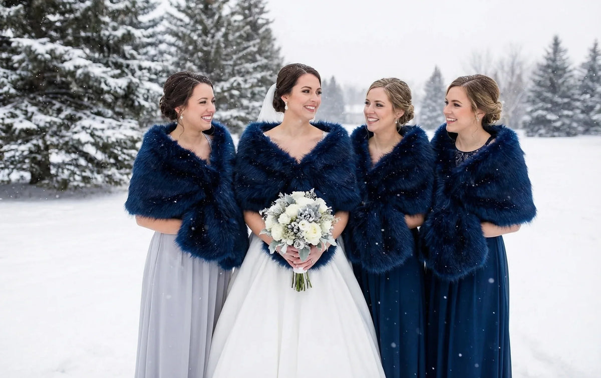 Navy blue faux fur wrap worn by bridesmaids at a wedding, classic and stylish stole for winter events