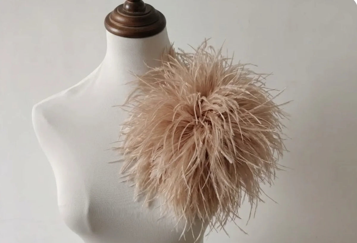 Nude champagne ostrich feather boutonniere, neutral lapel pin for weddings, formal events and bridal parties