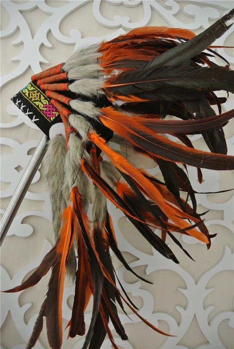 Orange & Black Feather Warbonnet - Native American Inspired Headdress for Festivals, Cosplay & Themed Events
