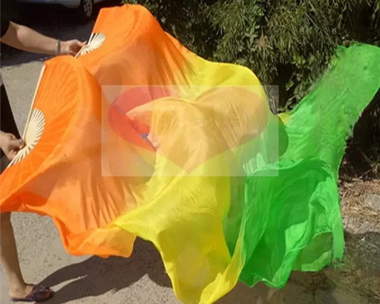 Orange and green gradient silk veil fan, warm handheld fan for fall events, festivals, performances and photoshoots