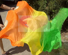 Load image into Gallery viewer, Orange and green gradient silk veil fan, warm handheld fan for fall events, festivals, performances and photoshoots
