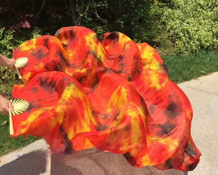 Orange and red silk veil fan, vibrant handheld fan for stage shows, carnivals, performances and themed parties
