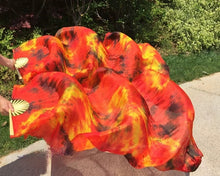 Load image into Gallery viewer, Orange and red silk veil fan, vibrant handheld fan for stage shows, carnivals, performances and themed parties
