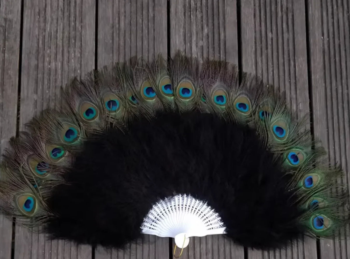 Black peacock feather fan with decorative details, elegant handheld fan for stage shows and performances