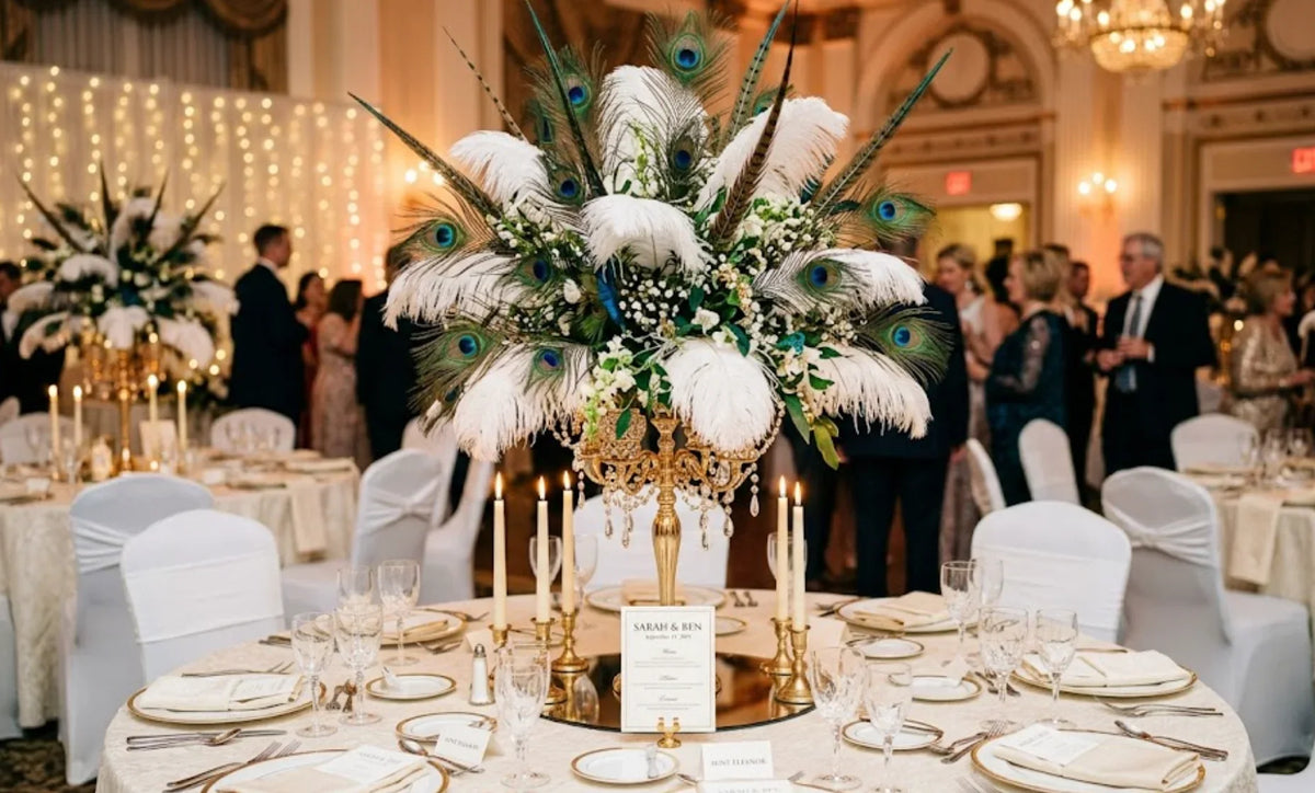 Peacock and ostrich feather centerpiece, luxurious mixed-feather table decor for weddings, events and home decor