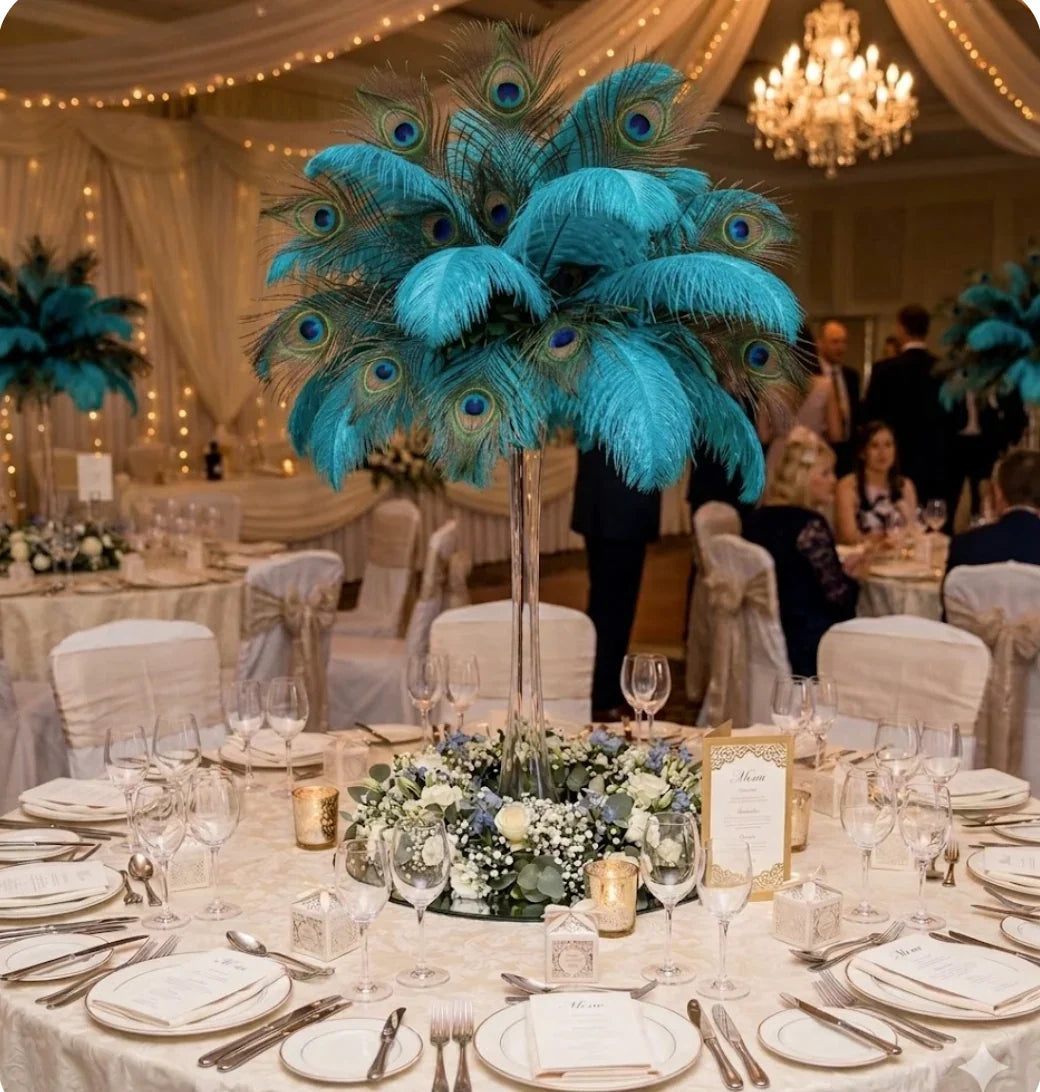 Peacock and ostrich feather centerpiece, luxurious table decor for weddings, events and home decor