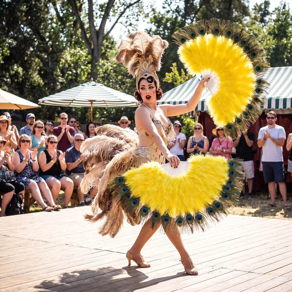 Burlesque dancer performing with yellow ostrich feather fans and a feathered headpiece.