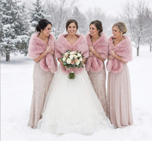 Pink faux fur wrap worn by bridesmaids at a wedding, elegant and warm stole for winter events
