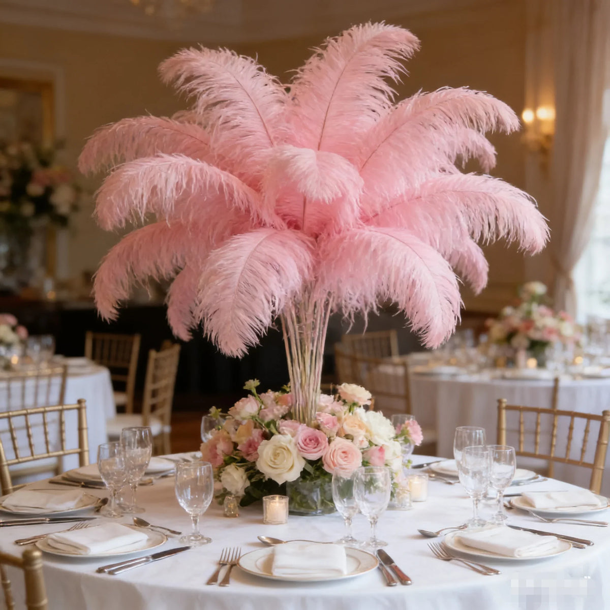Pink ostrich feather centerpiece, elegant table decor for weddings, bridal showers and romantic events
