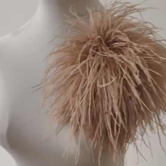 Luxury Ostrich Feather Brooch Pin - Oversized Fluffy Pom Pom Flower for Runway Style, Evening Gown, and Wedding Accessory - Champagne Nude Elegance