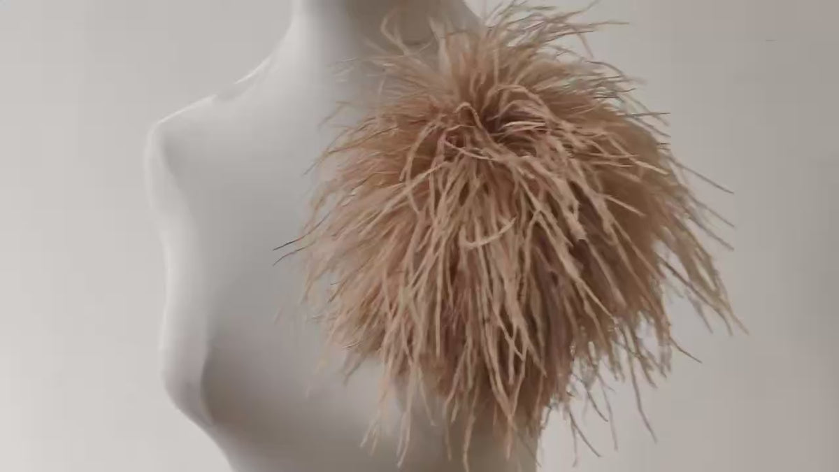 Luxury Ostrich Feather Brooch Pin - Oversized Fluffy Pom Pom Flower for Runway Style, Evening Gown, and Wedding Accessory - Champagne Nude Elegance