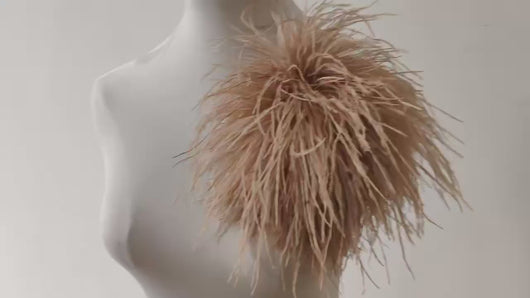 Luxury Ostrich Feather Brooch Pin - Oversized Fluffy Pom Pom Flower for Runway Style, Evening Gown, and Wedding Accessory - Champagne Nude Elegance