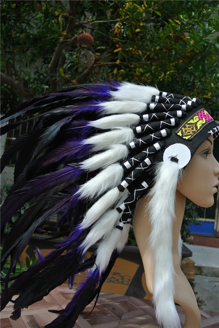 Purple & Black Feather Headdress - Bohemian Style Warbonnet for Festivals, Raves & Themed Parties