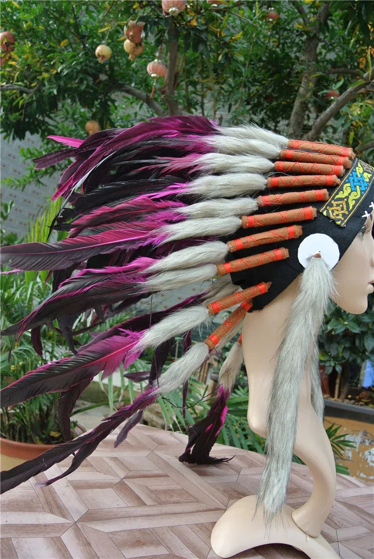 Purple & Pink Feather Warbonnet - Handmade Tribal Headdress for Festivals, Cosplay & Bohemian Photoshoots