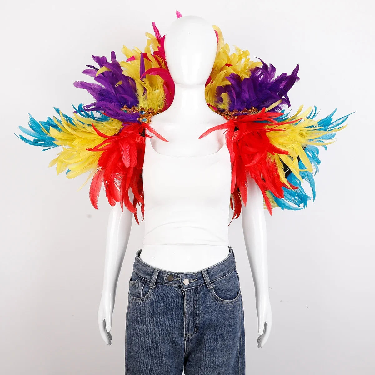 Rainbow feather cape shawl, colorful festival accessory for pride parades, carnivals, and photo shoots