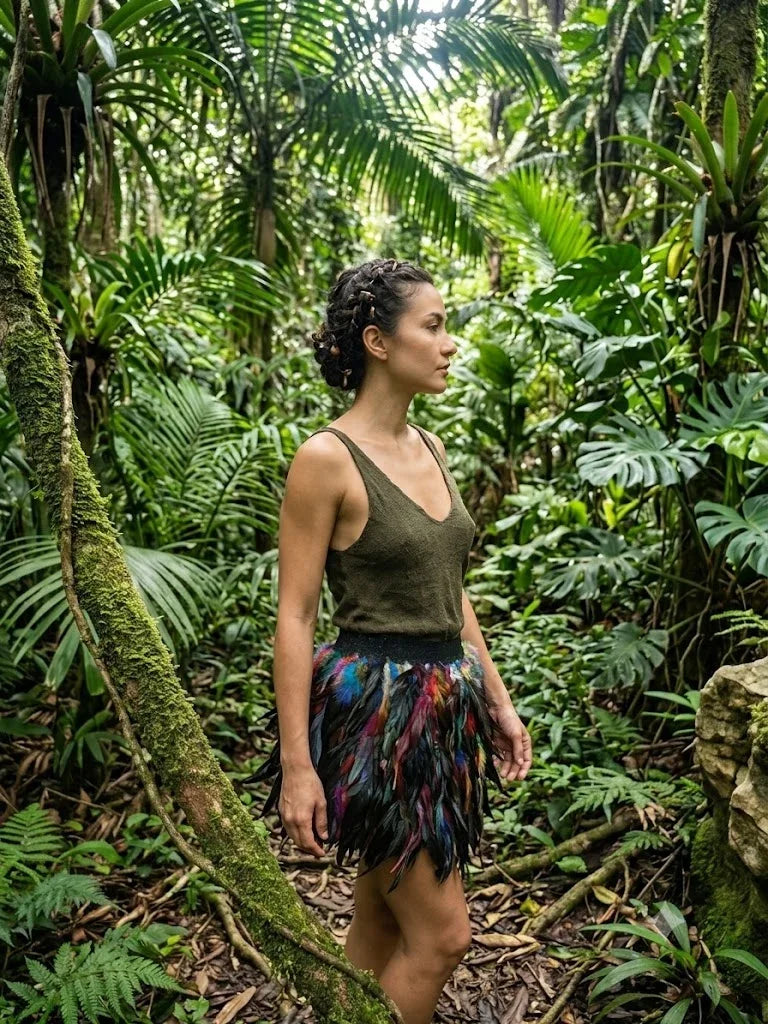 A model in a natural outdoor setting wearing a unique, vibrant multi-colored rainbow feather skirt.