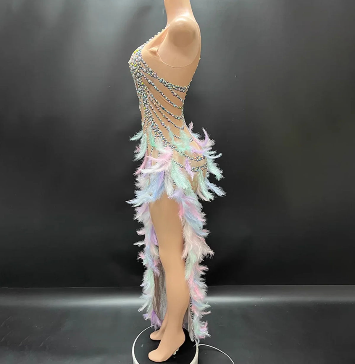 Mannequin wearing a colorful, beaded and feathered dress against a black background