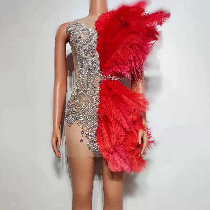 Glitz Pink Ostrich Feather Rhinestone Mini Dress - One Shoulder Crystal Sheer Birthday Party Stage Gown