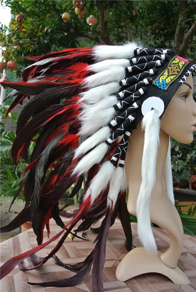 Red, Black & White Feather Headdress - Indian Chief Style Warbonnet for Cosplay, Halloween & Stage Performances