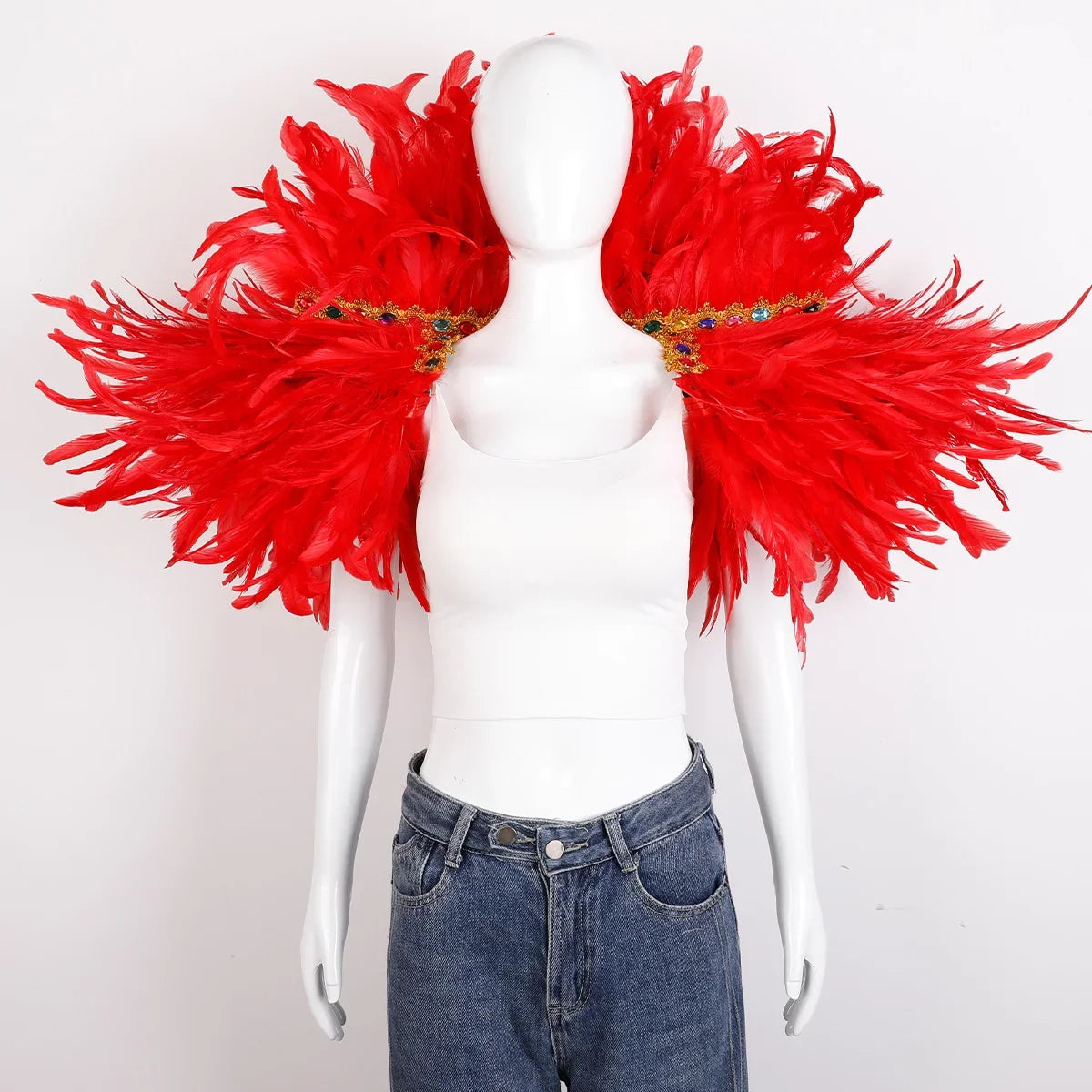 Red feather cape shawl for women, perfect for halloween costume, cosplay, carnival and party outfits