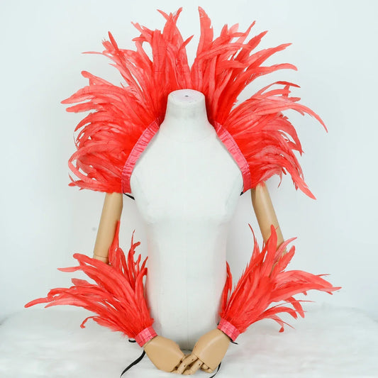 Bright red feather shoulder cape, burlesque and carnival costume accessory for women's parties and performances
