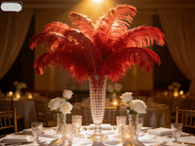 Load image into Gallery viewer, Red ostrich feather centerpiece, bold table decor for weddings, holiday parties and dramatic events
