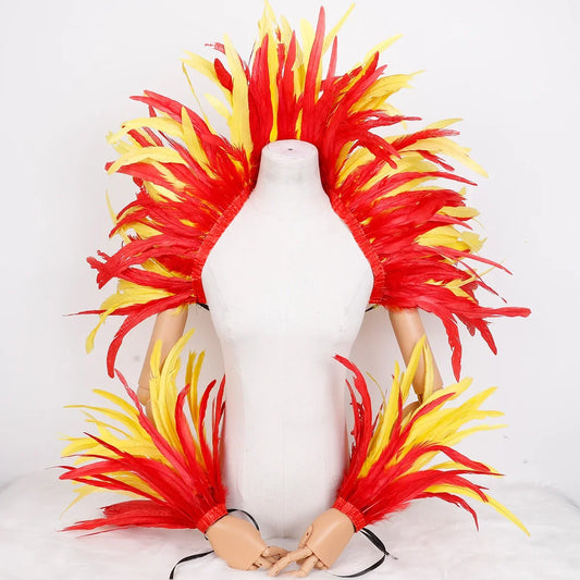 Red to yellow gradient feather cape, vibrant carnival and festival accessory for photo shoots and parties