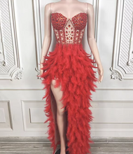Load image into Gallery viewer, Red feathered and beaded dress
