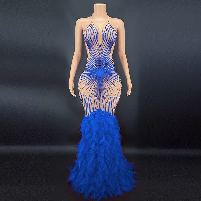 Luxury Burlesque Feather Dress - Sparkling Showgirl Costume for Stage Performance & Cabaret