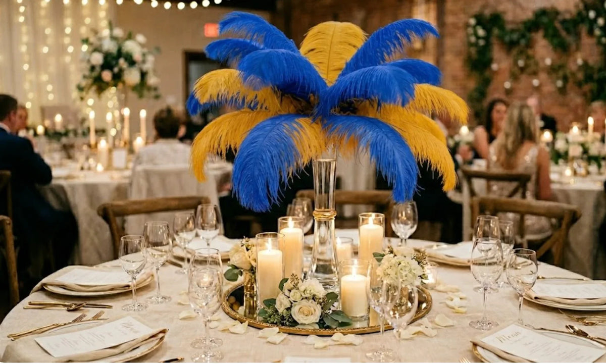 Royal blue and gold themed ostrich feather centerpiece, luxurious table decor for formal events.