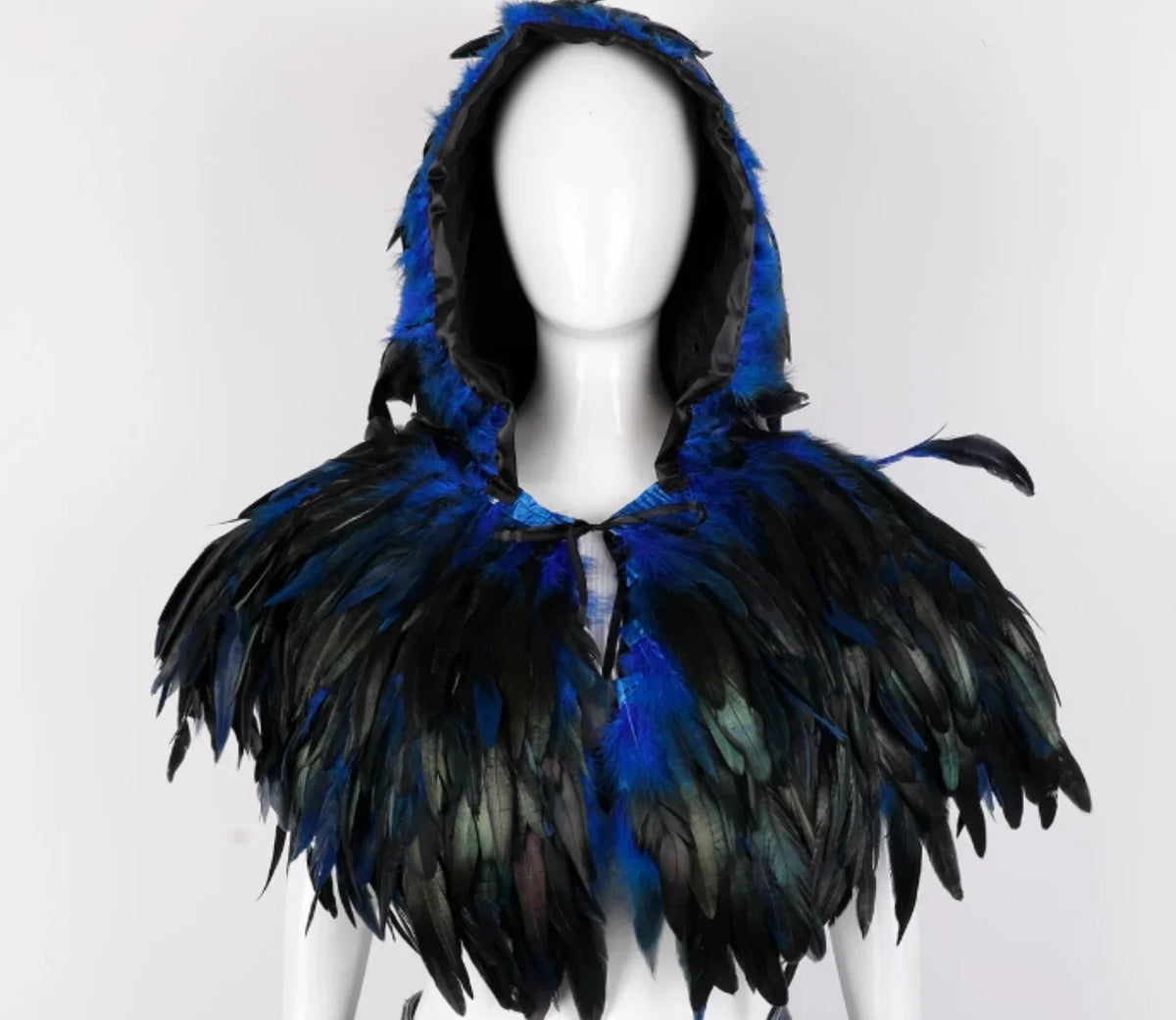 Mannequin wearing a blue and black feathered hood against a white background