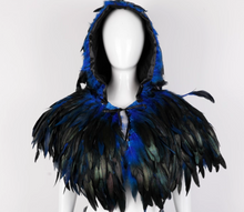 Load image into Gallery viewer, Mannequin wearing a blue and black feathered hood against a white background

