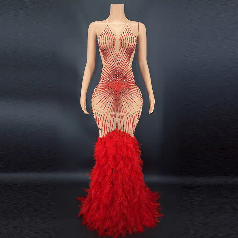 Luxury Burlesque Feather Dress - Sparkling Showgirl Costume for Stage Performance & Cabaret