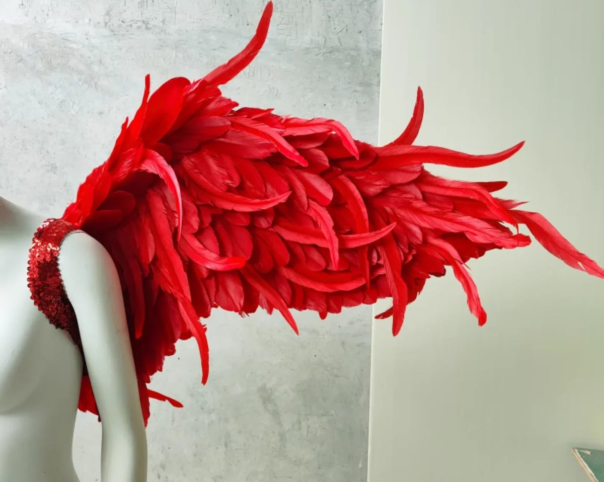 Small red feather devil wings, lightweight costume accessory for parties, events and photography