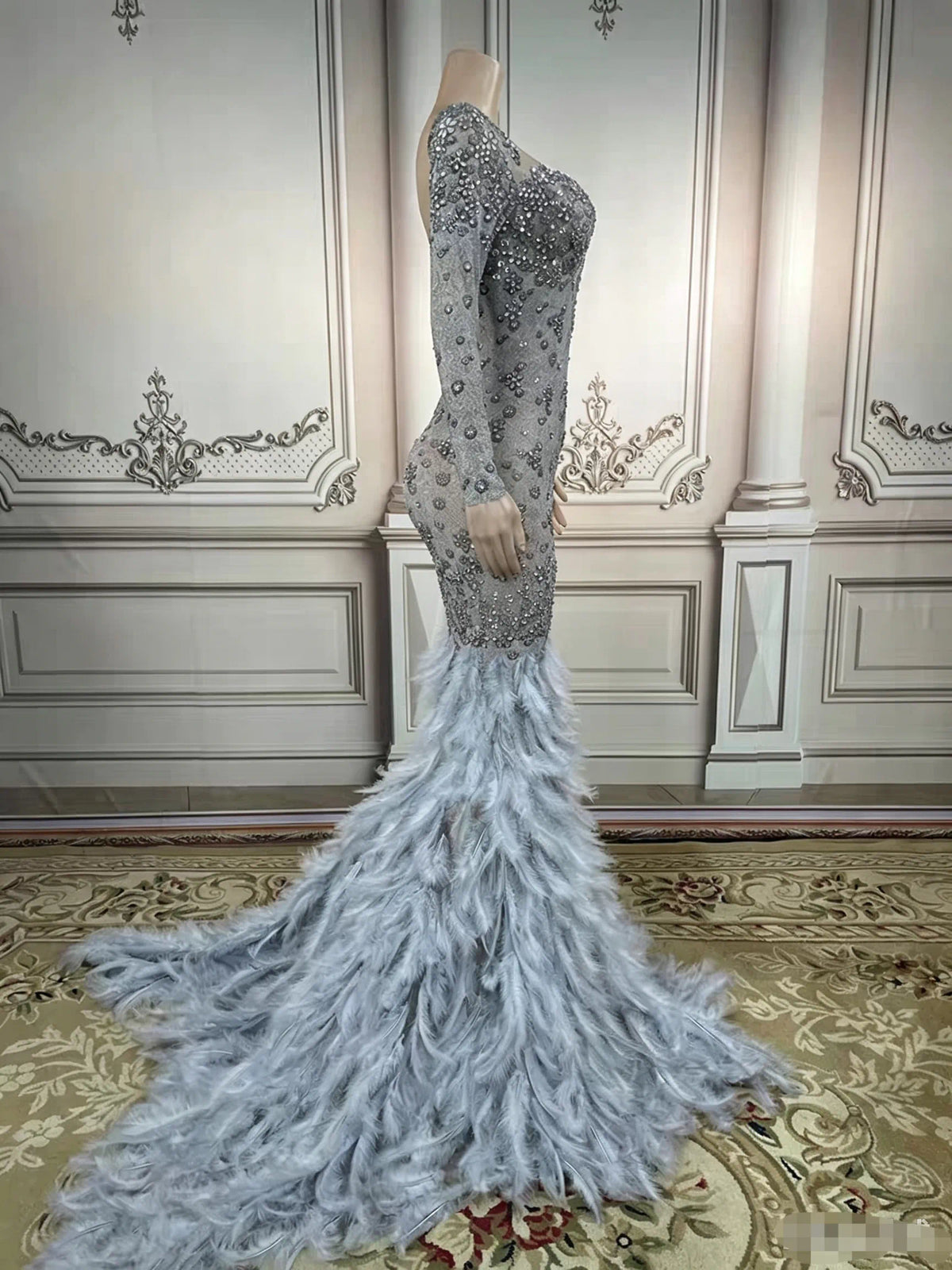 Grey Feather Mermaid Gown with Beaded Illusion Sleeves