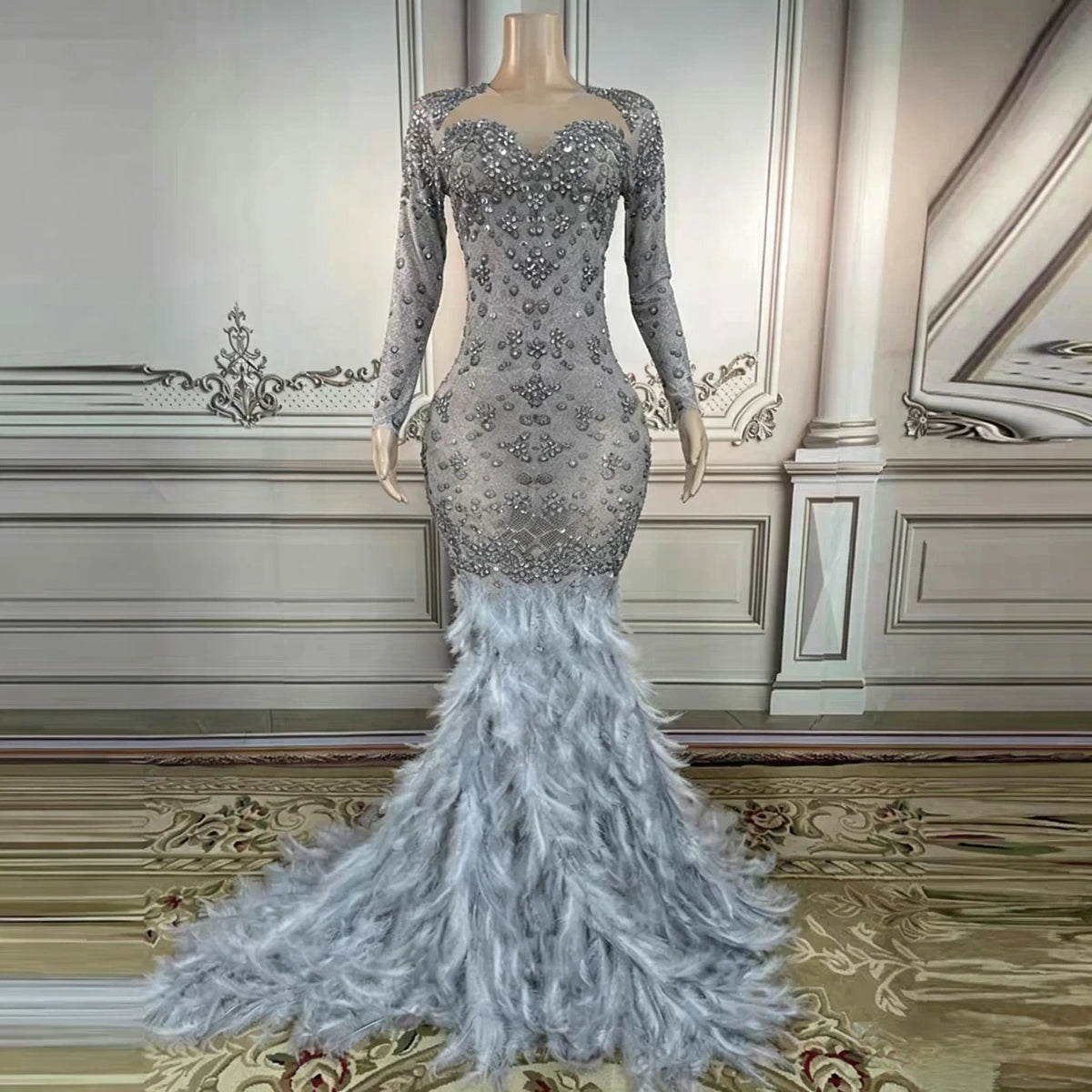 Grey Feather Mermaid Gown with Beaded Illusion Sleeves