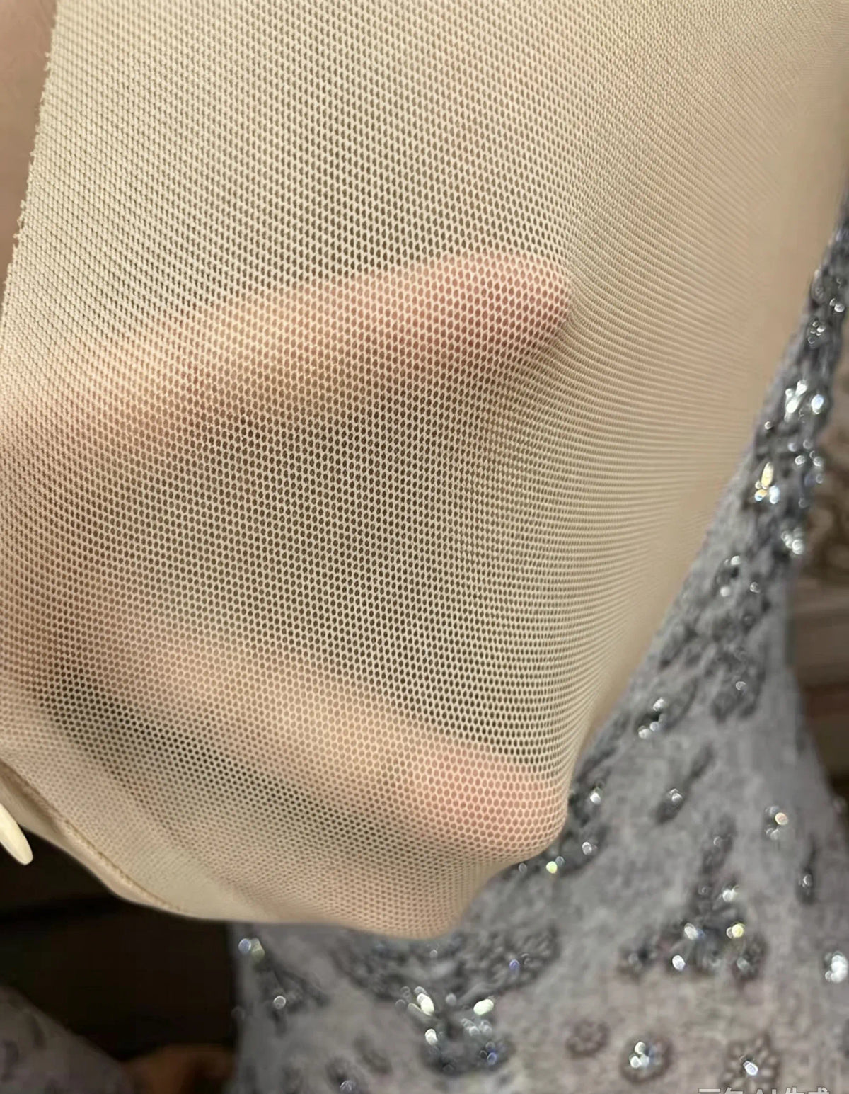 Grey Feather Mermaid Gown with Beaded Illusion Sleeves